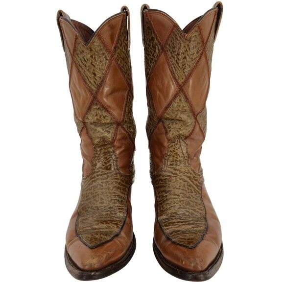 Vintage Nocona Boots Exotic Shark skin + Leather Diamond Patchwork Cowboy Men 9D - Picture 3 of 14